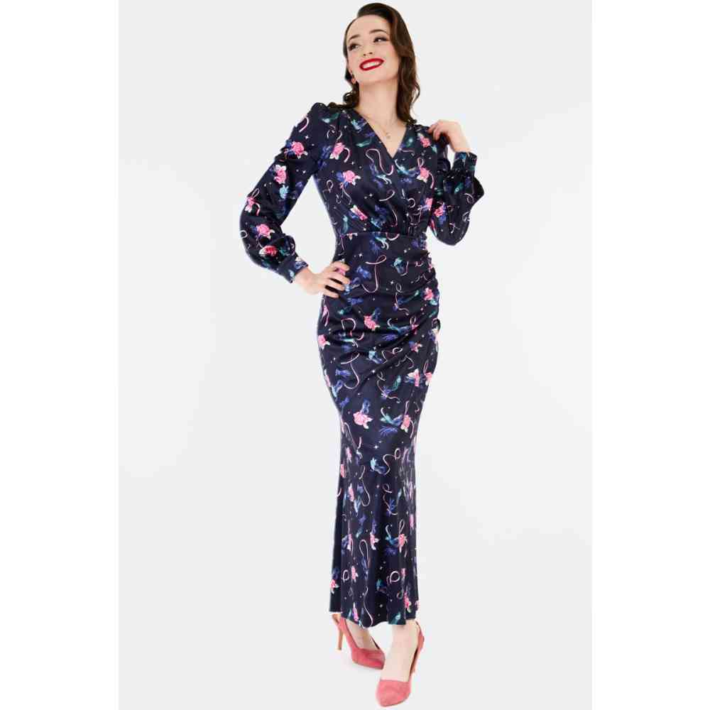 Voodoo Vixen - Velvet Peacock Masquerade Robe longue maxi - Noir